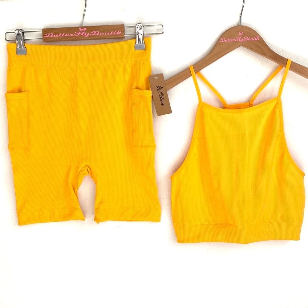 (AA4) Odiva Mustard Yellow Ribbed 2piece Tank top and Biker Short set,Sz XL, NWT